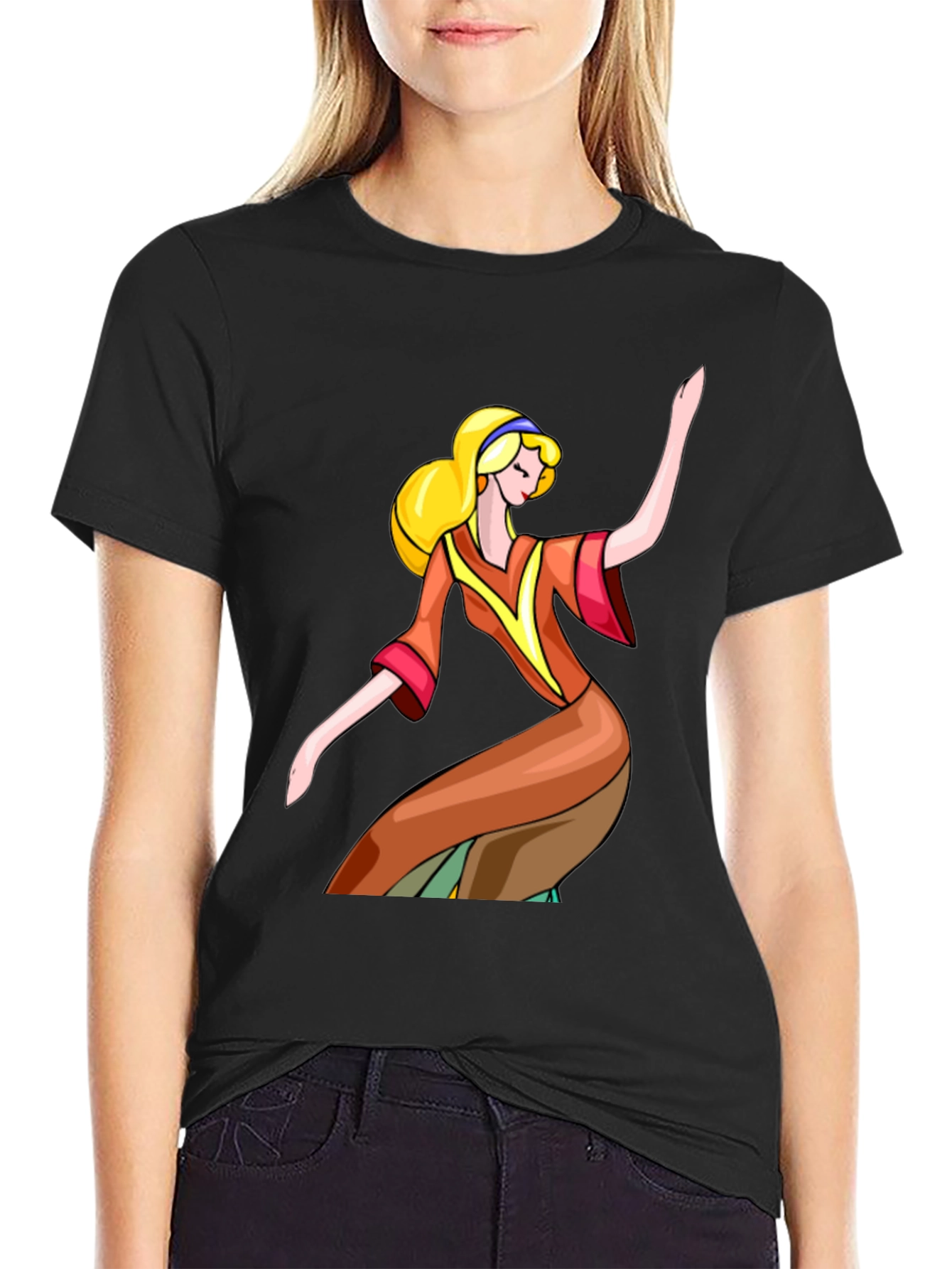 Retro Cartoon Girl Black T-Shirt