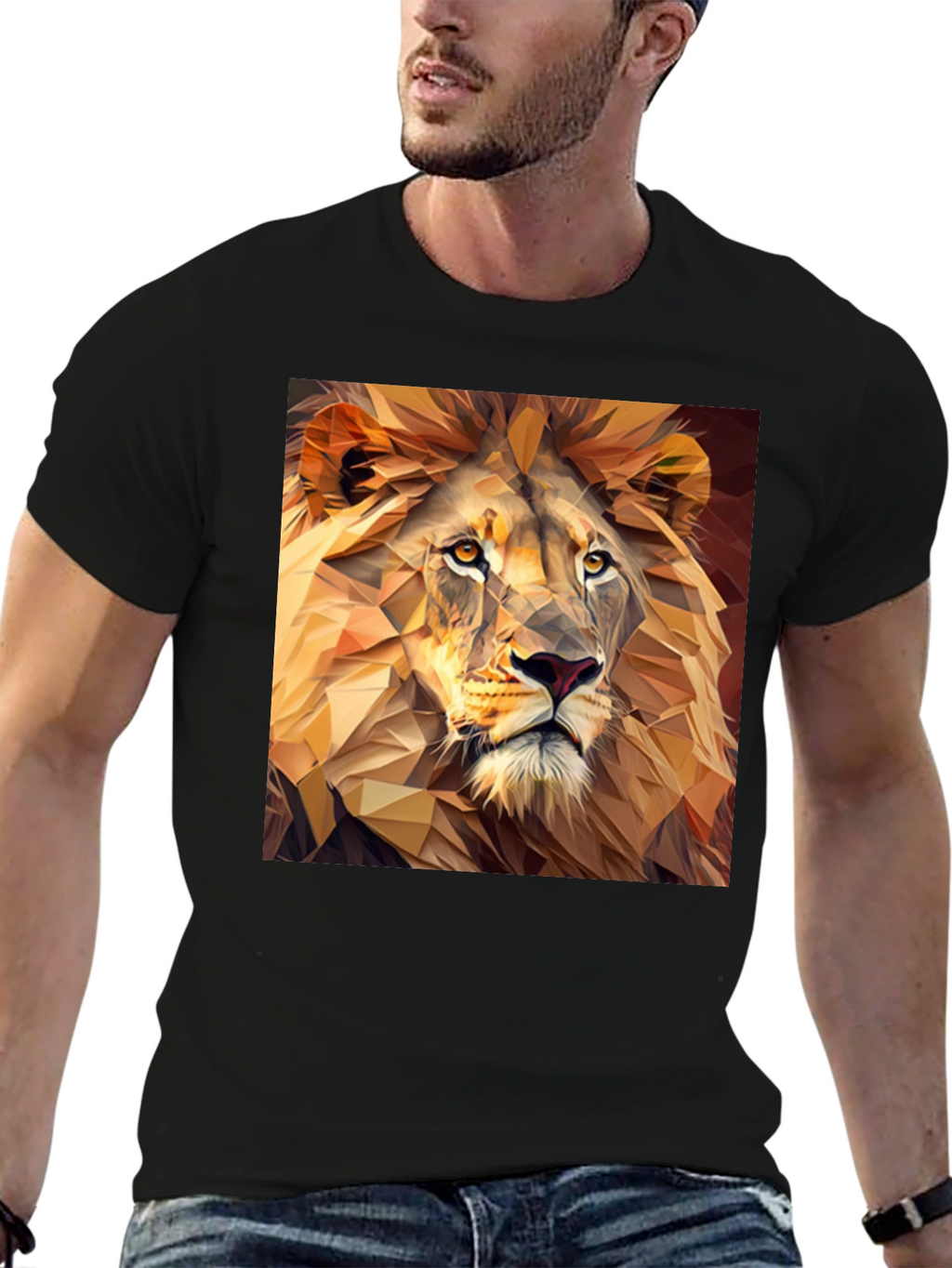 Geometric Lion Print Black T-Shirt