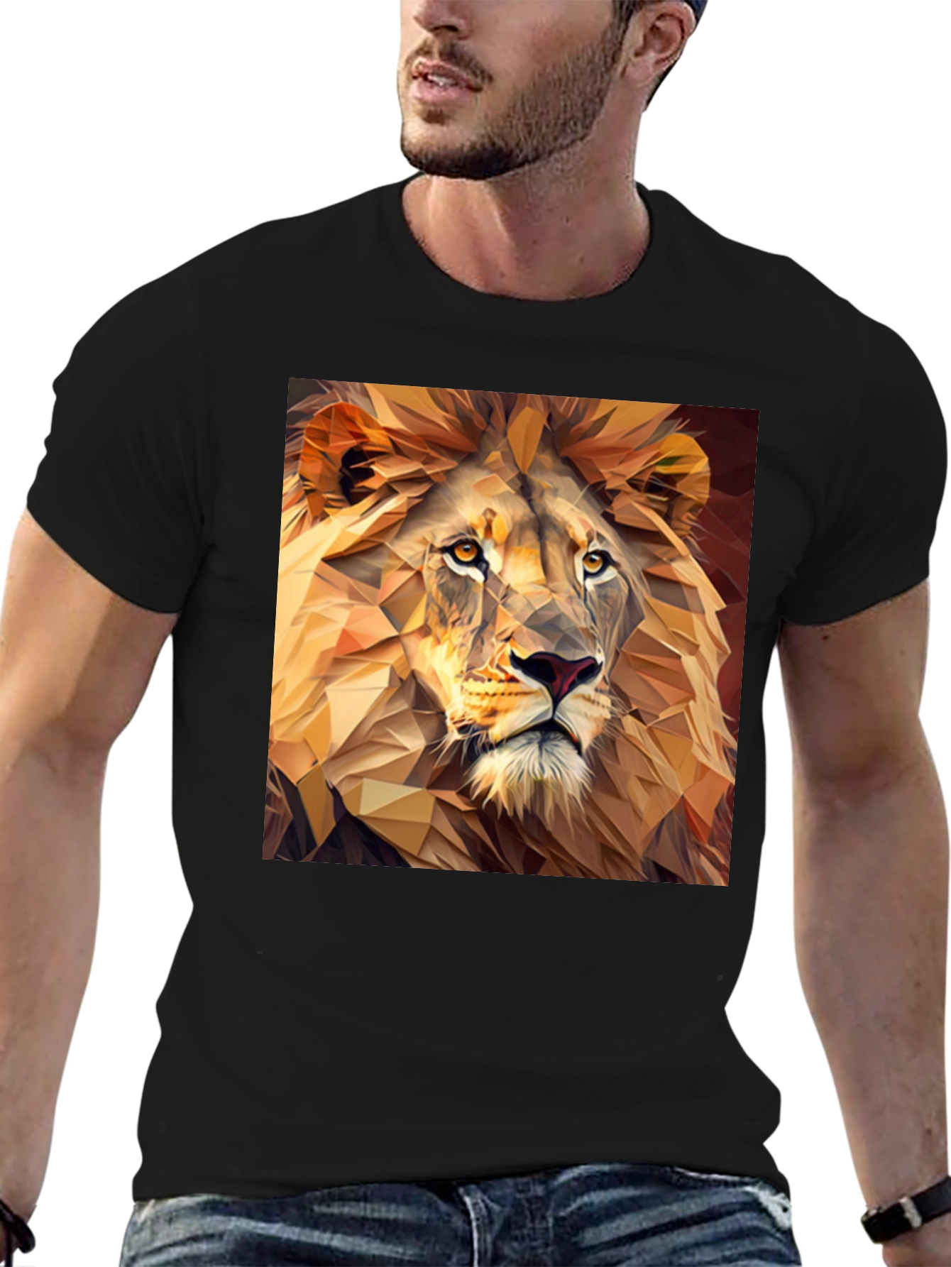 Geometric Lion Print Black T-Shirt