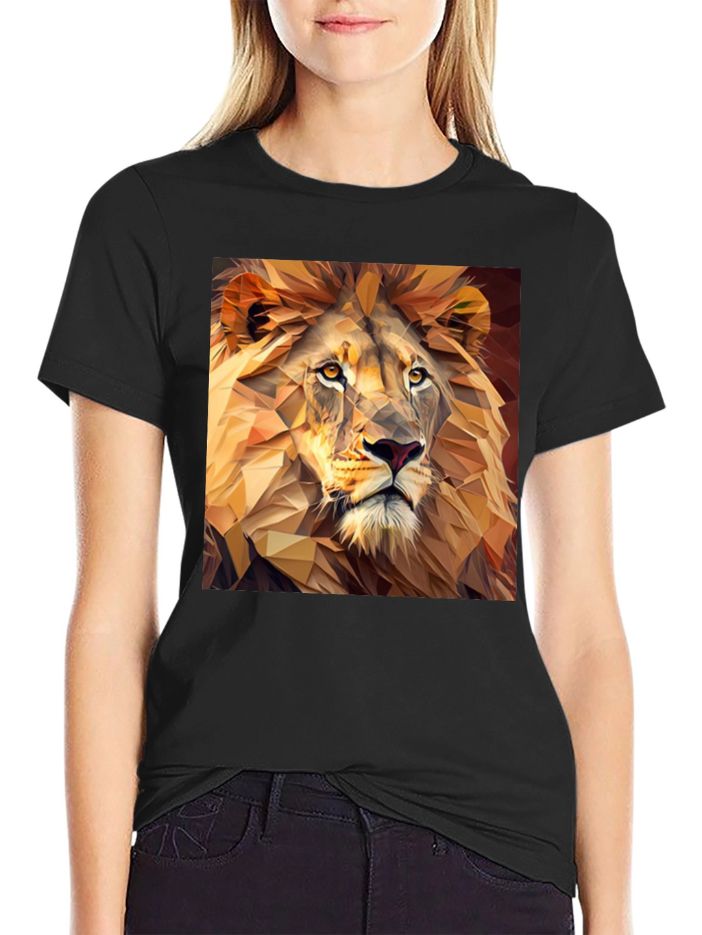 Geometric Lion Print Black T-Shirt