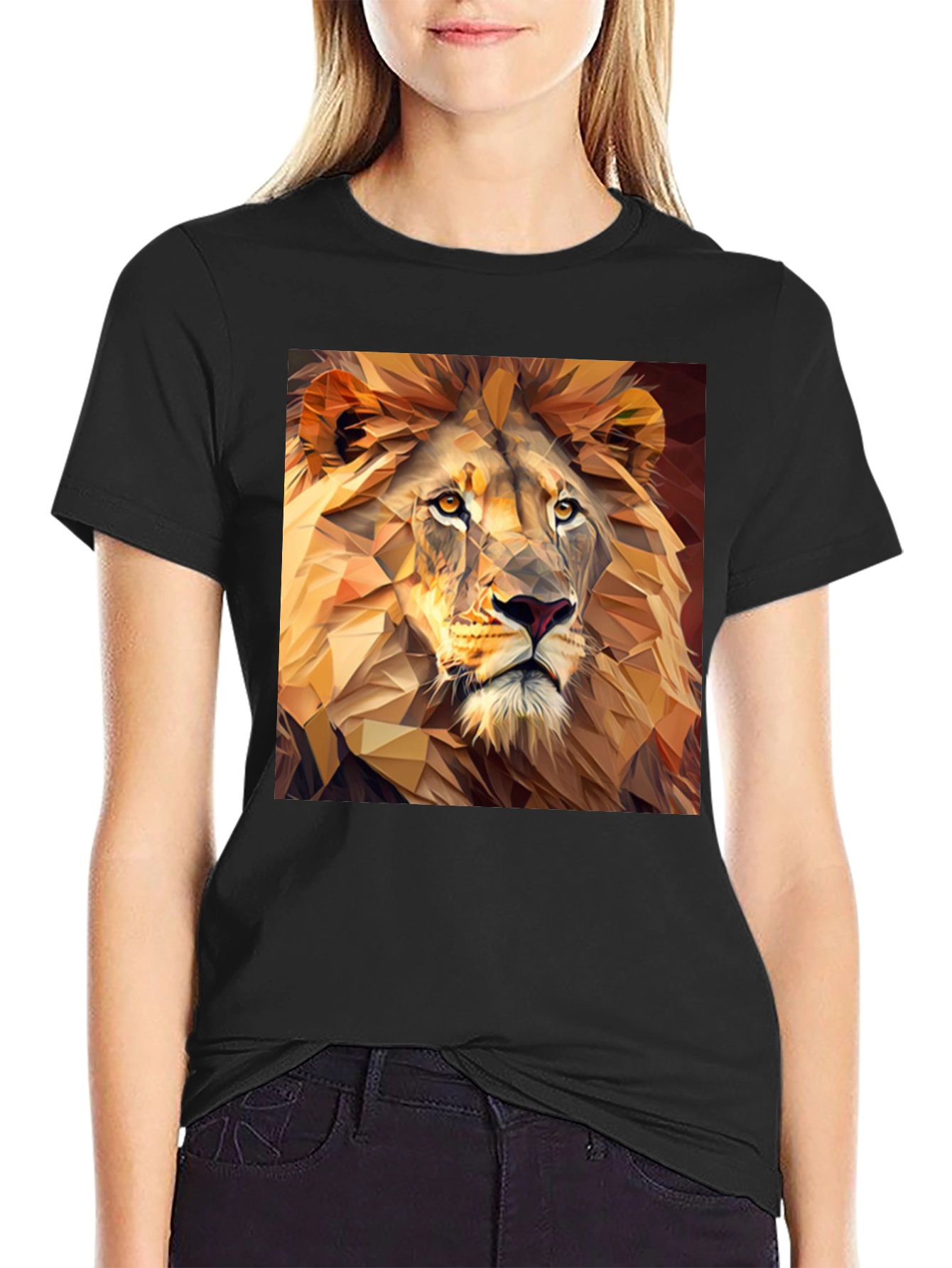 Geometric Lion Print Black T-Shirt