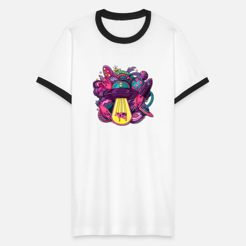 Space with alien saucer rocket planets stars