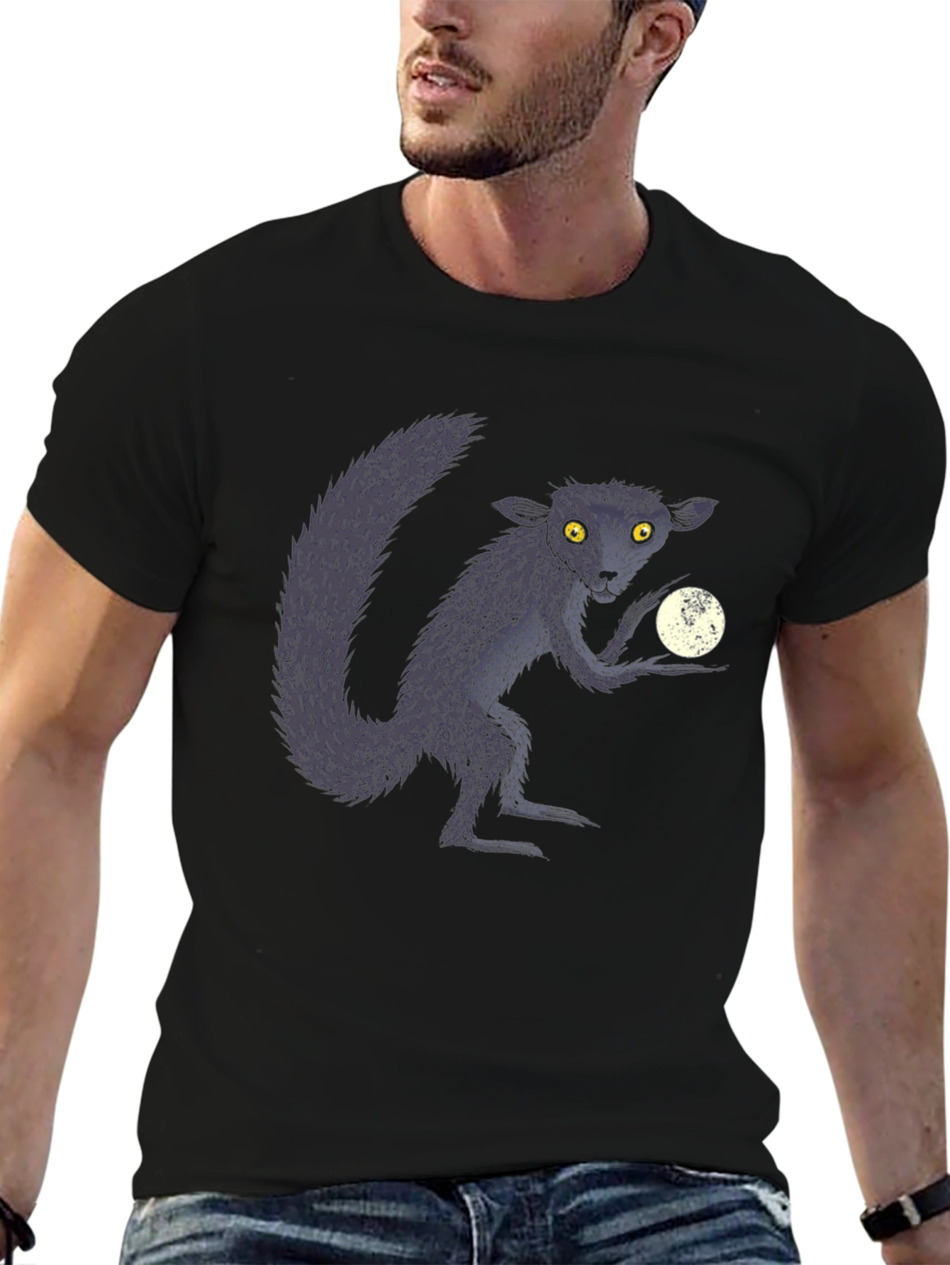 Aye-Aye Lemur & Moon Black Graphic T-Shirt