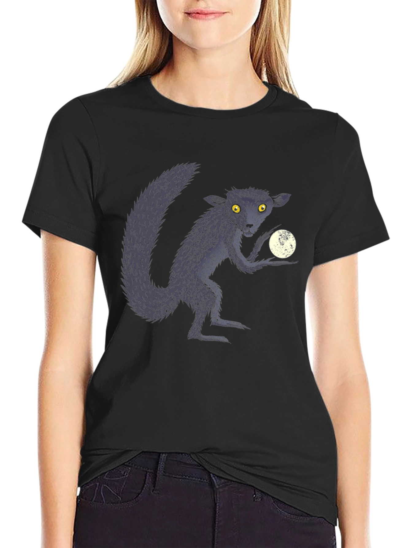 Aye-Aye Lemur & Moon Black Graphic T-Shirt