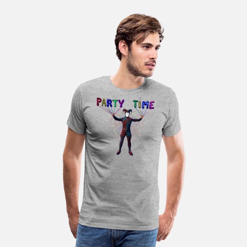 T shirts with "party time " balloons and jester