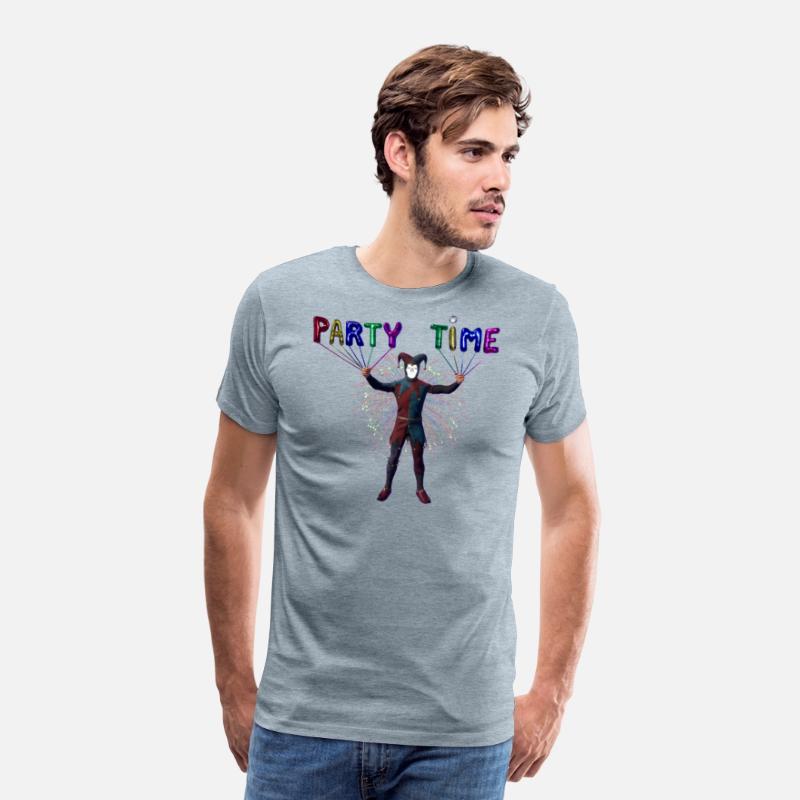 T shirts with "party time " balloons and jester