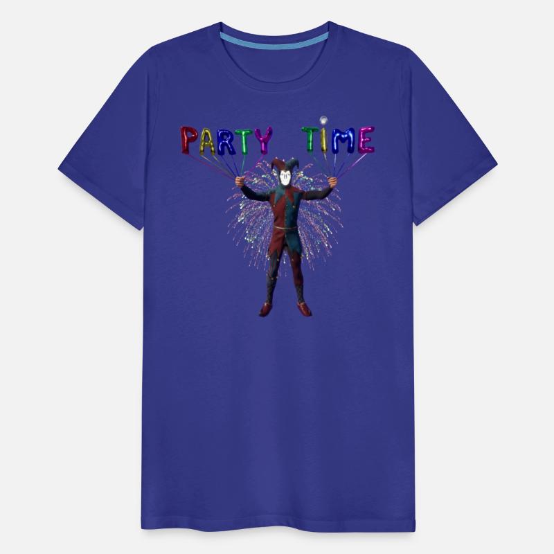 T shirts with "party time " balloons and jester