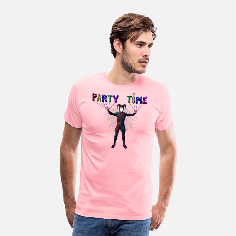 T shirts with "party time " balloons and jester