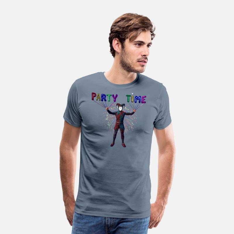 T shirts with "party time " balloons and jester
