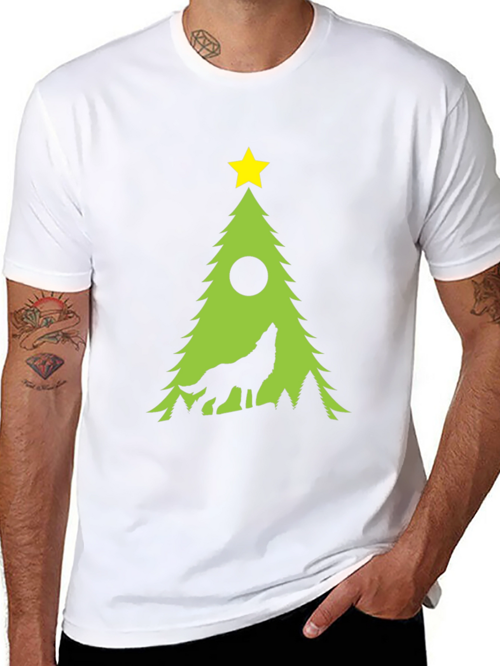Wolf Howling Christmas Tree Black T-Shirt