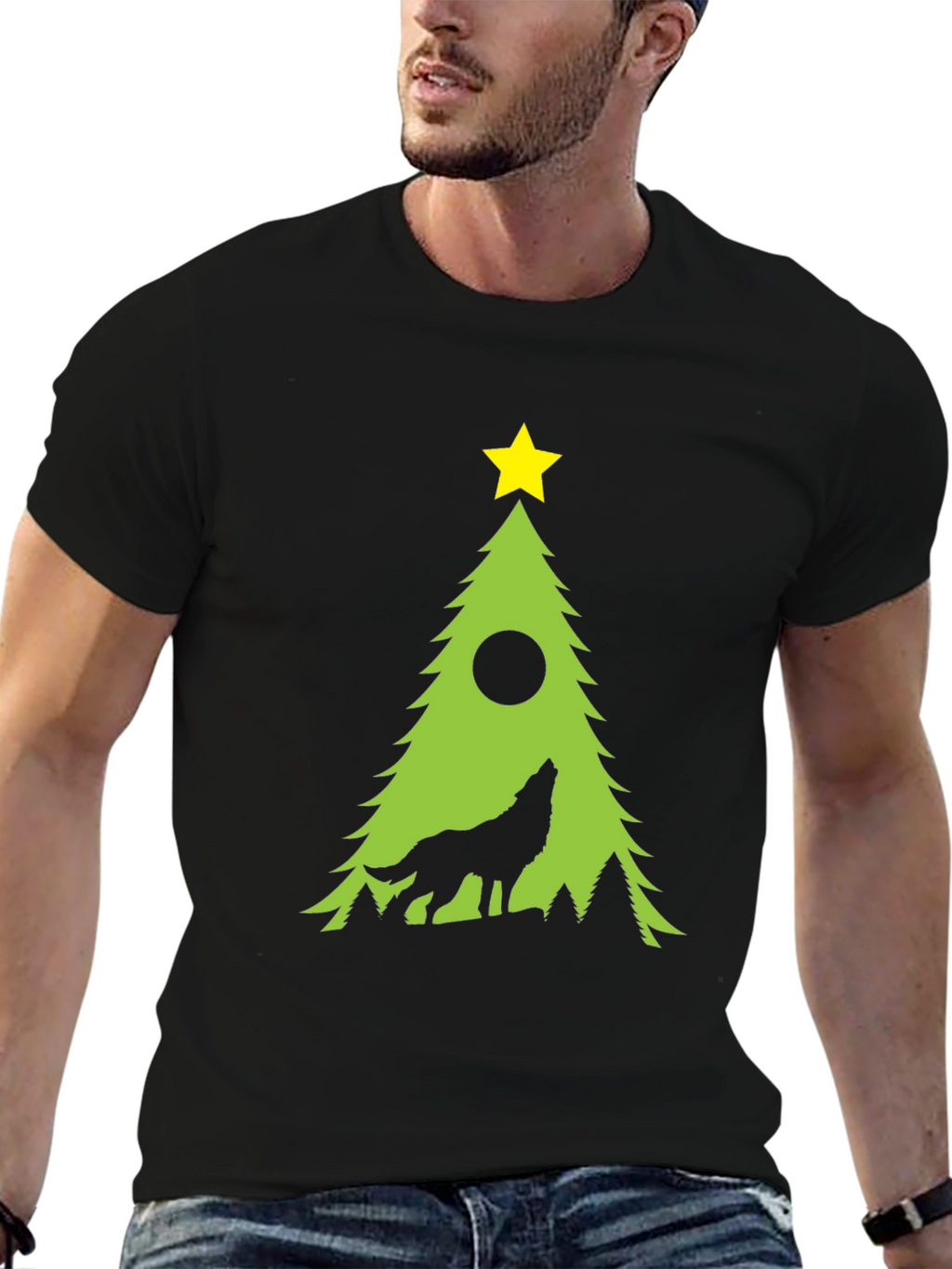 Wolf Howling Christmas Tree Black T-Shirt