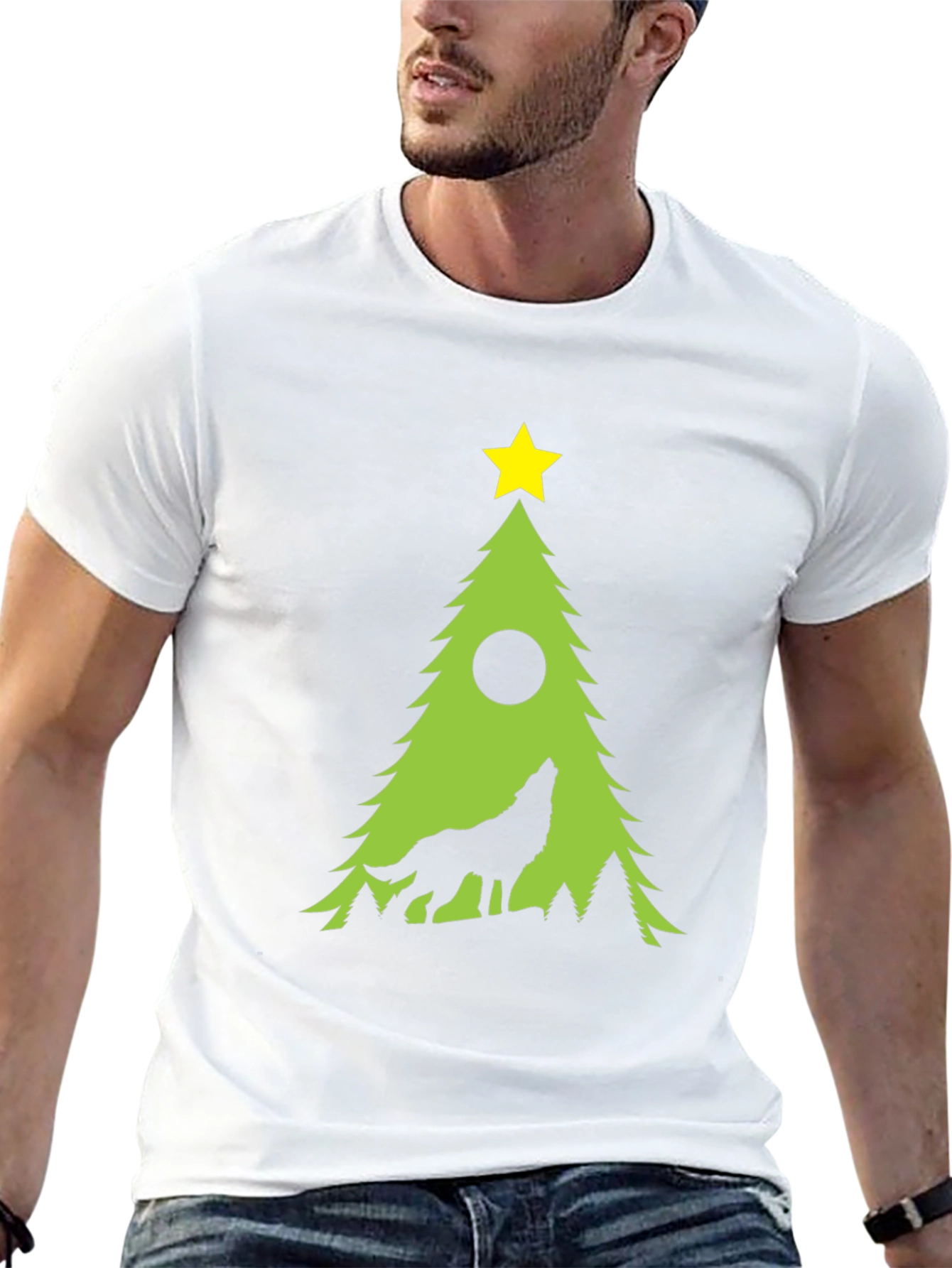 Wolf Howling Christmas Tree Black T-Shirt