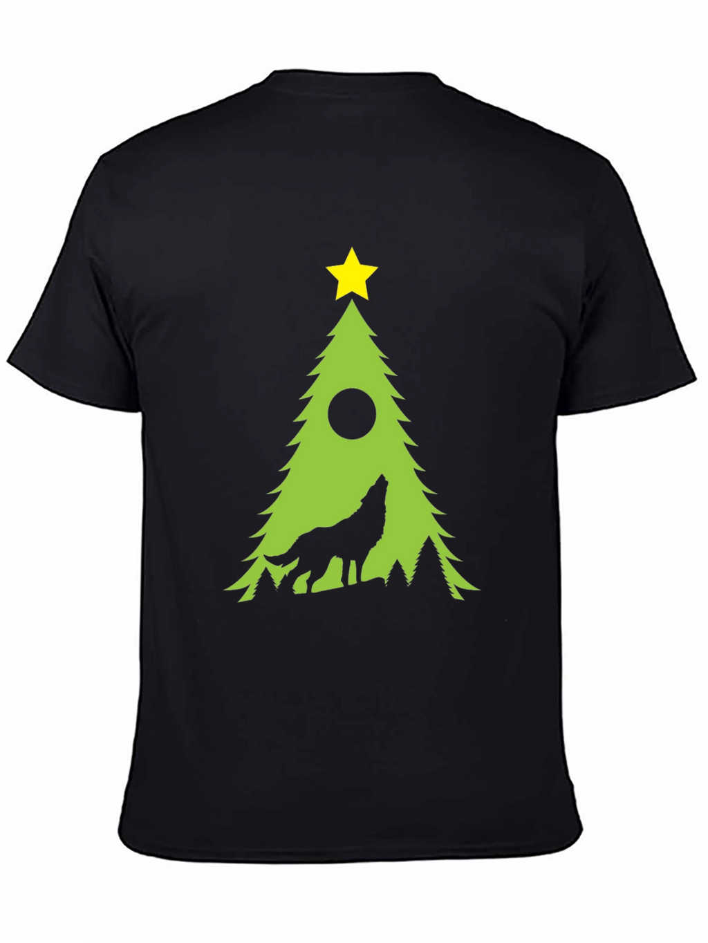 Wolf Howling Christmas Tree Black T-Shirt