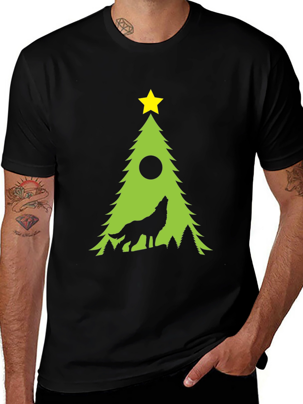 Wolf Howling Christmas Tree Black T-Shirt