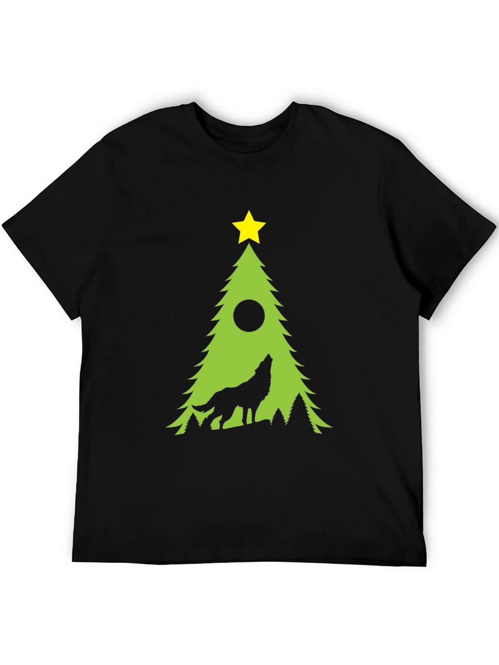 Wolf Howling Christmas Tree Black T-Shirt