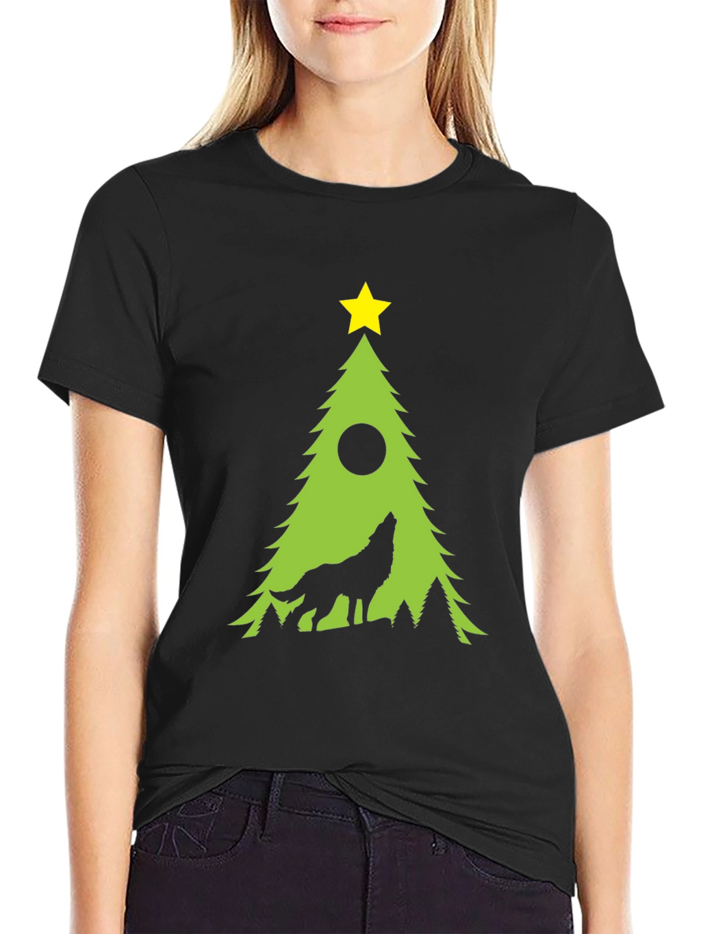 Wolf Howling Christmas Tree Black T-Shirt