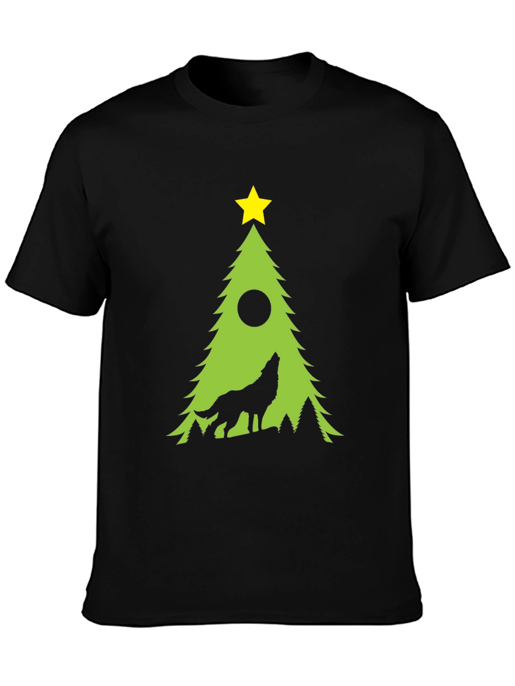 Wolf Howling Christmas Tree Black T-Shirt