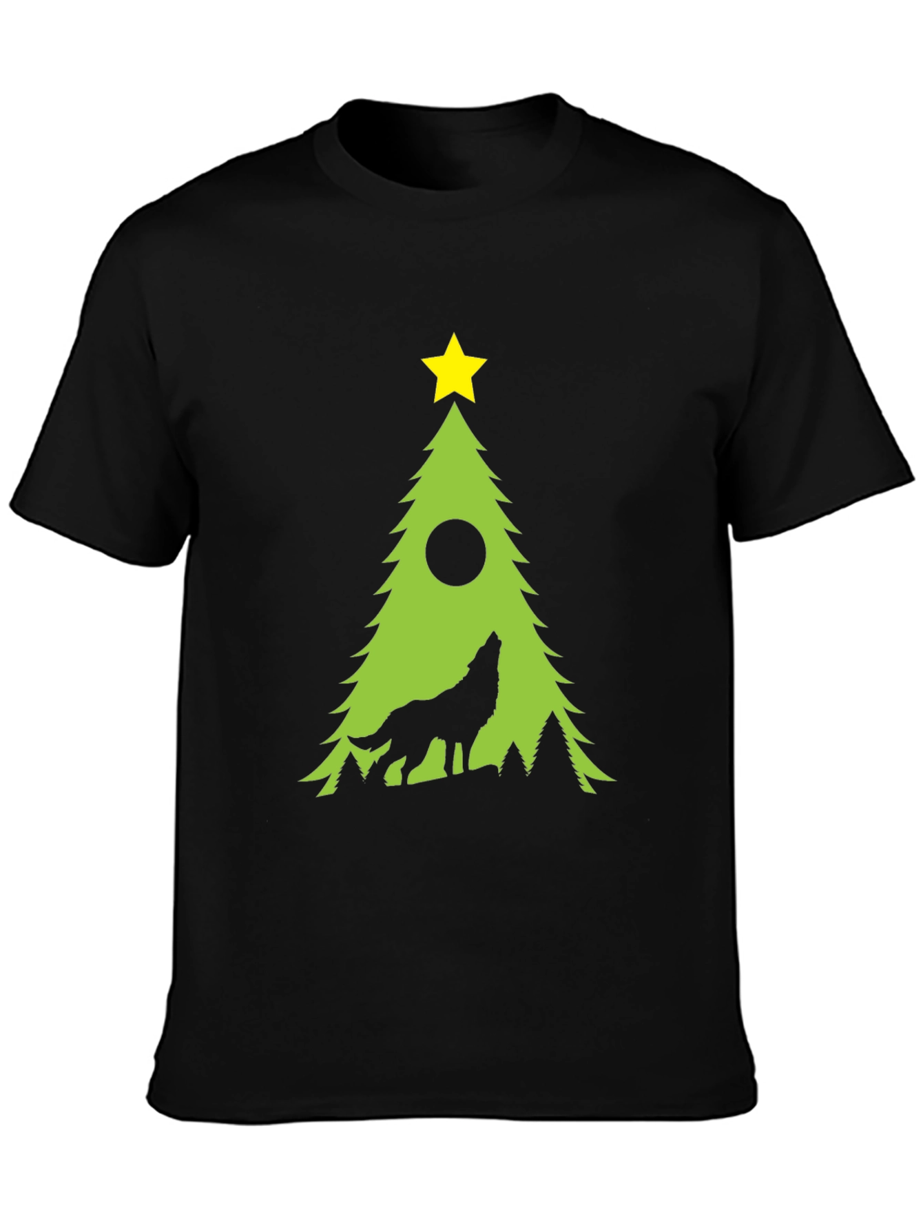 Wolf Howling Christmas Tree Black T-Shirt