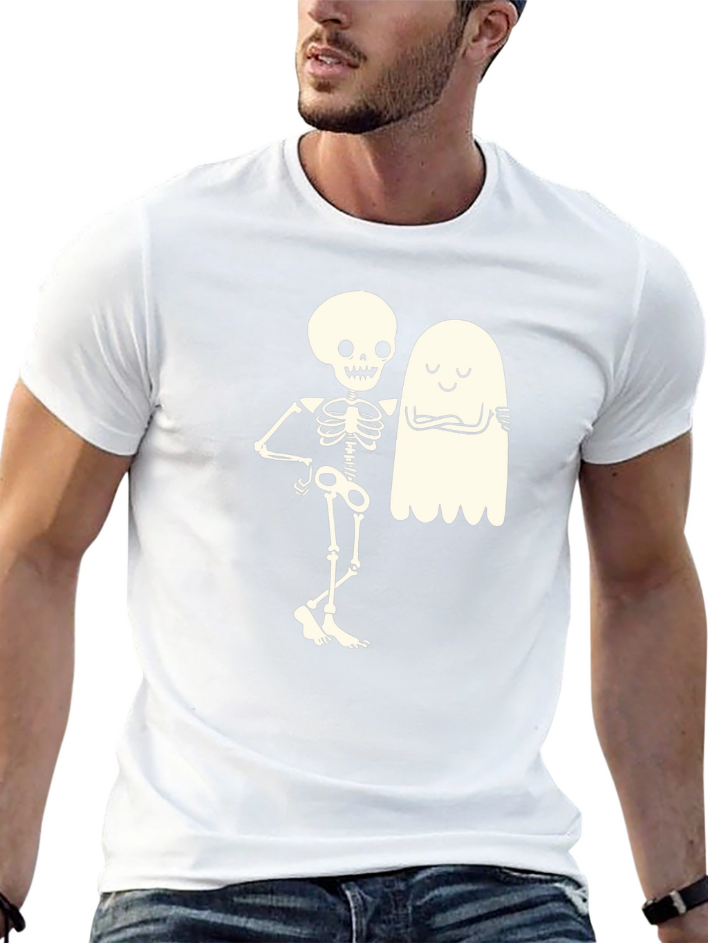Skeleton & Ghost Graphic Tee - Halloween Fun!