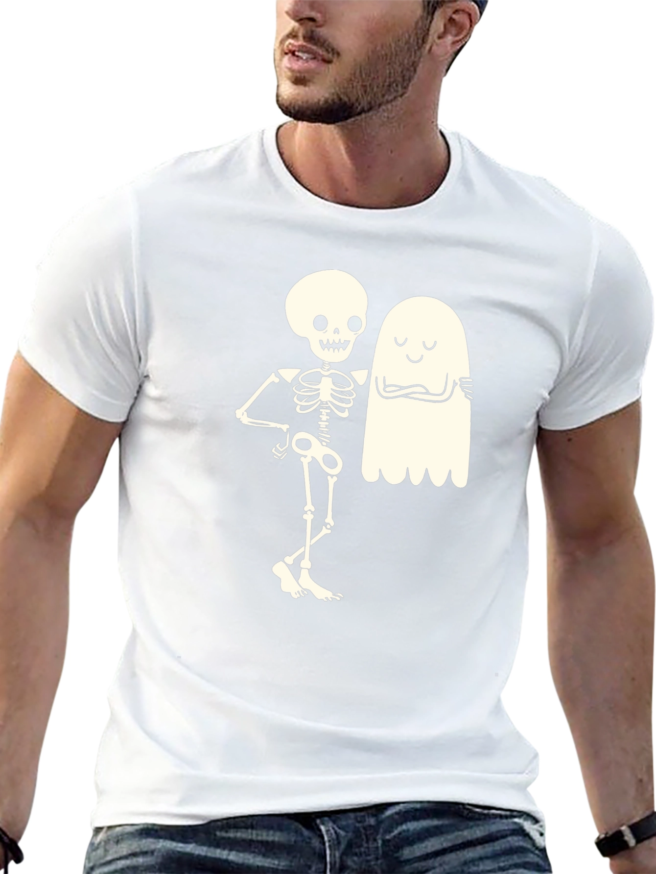 Skeleton & Ghost Graphic Tee - Halloween Fun!