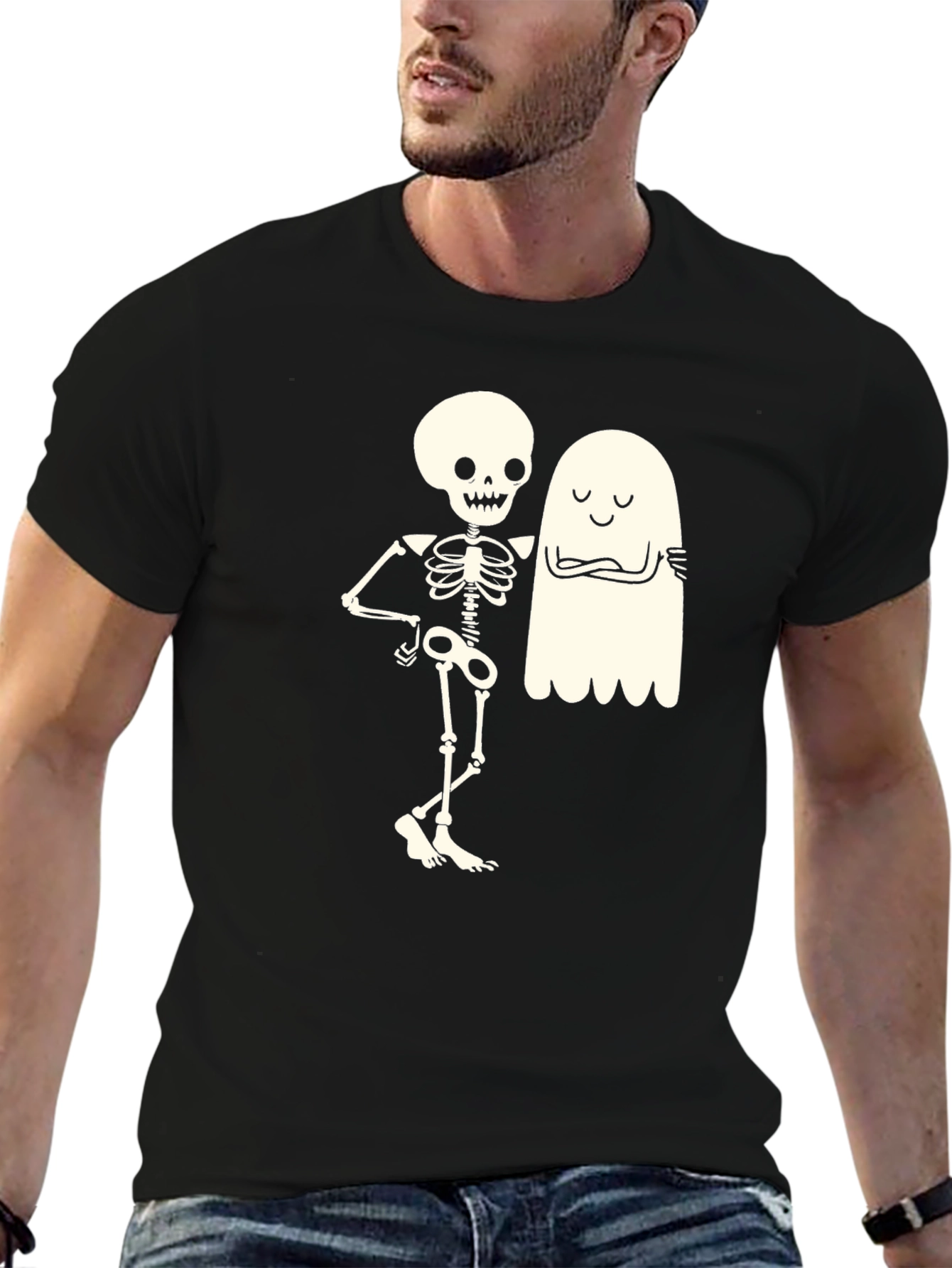 Skeleton & Ghost Graphic Tee - Halloween Fun!