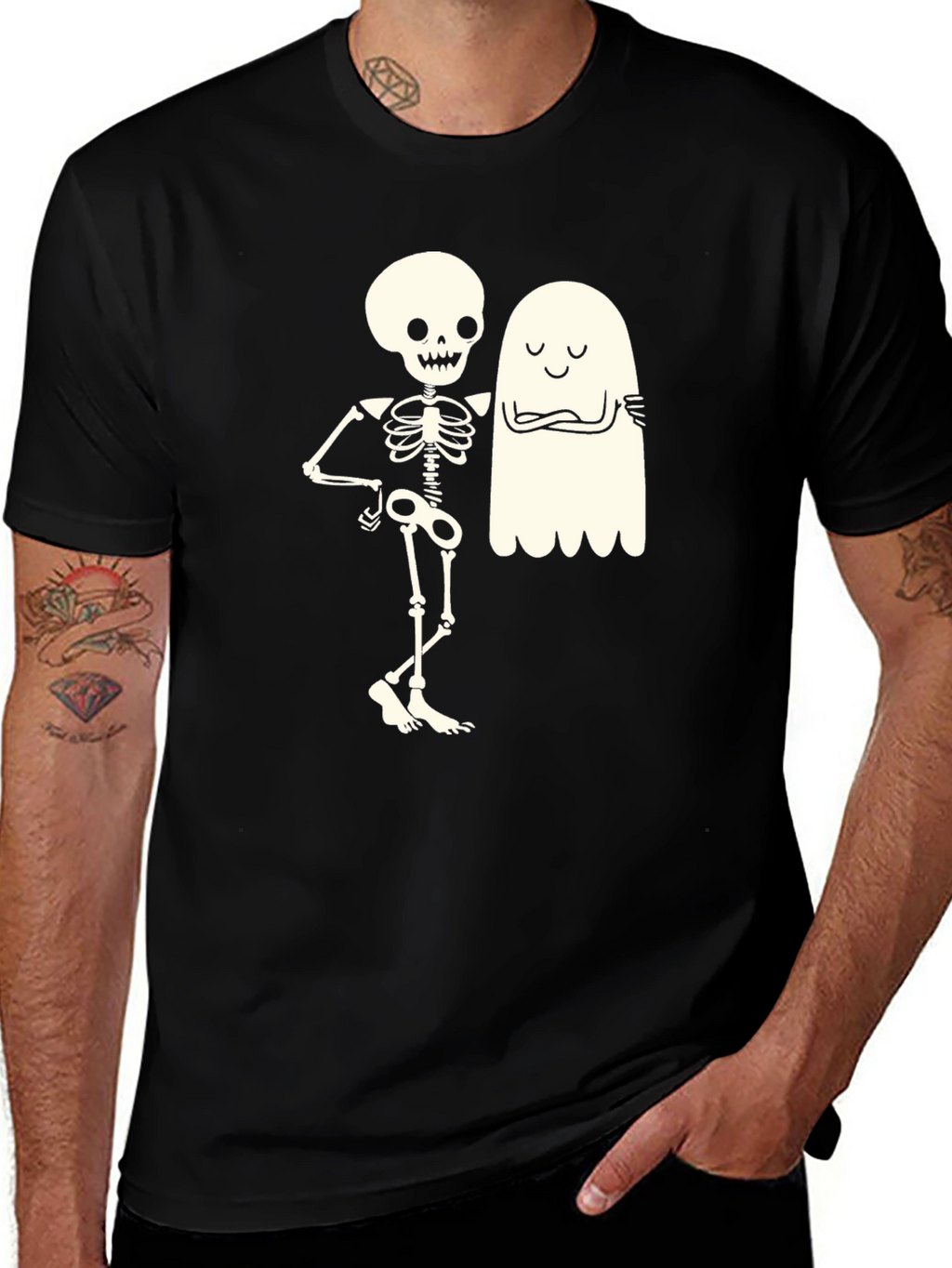 Skeleton & Ghost Graphic Tee - Halloween Fun!