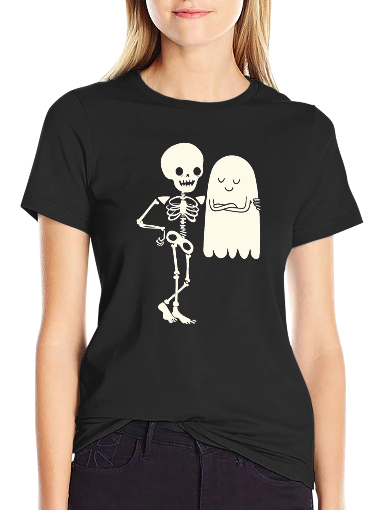 Skeleton & Ghost Graphic Tee - Halloween Fun!