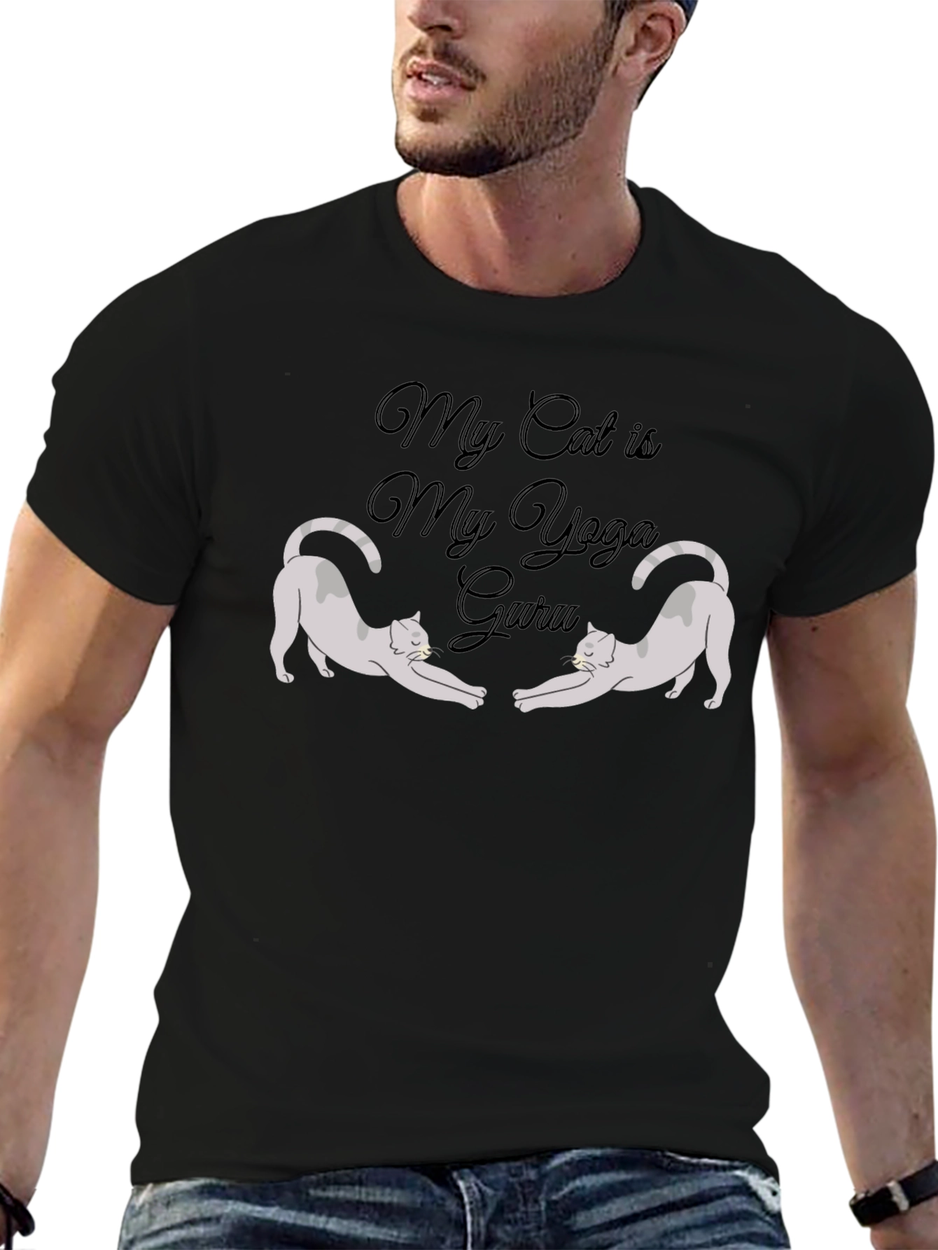 My Cat is My Yoga Guru Black T-Shirt
