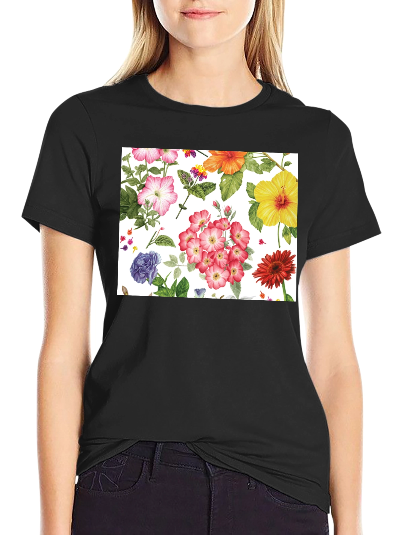 Floral Print Tee - Black Cotton Casual