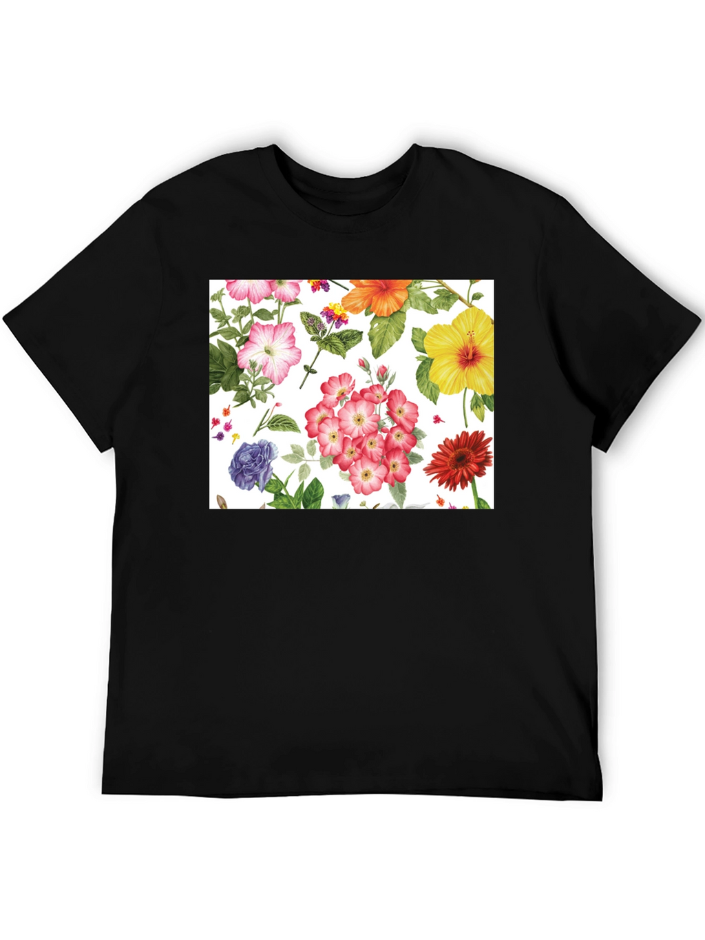 Floral Print Tee - Black Cotton Casual