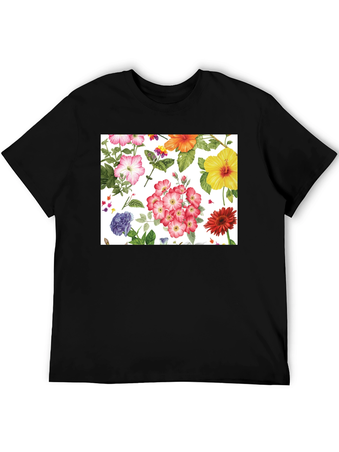 Floral Print Tee - Black Cotton Casual