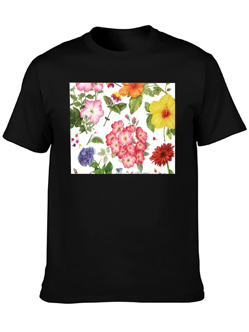 Floral Print Tee - Black Cotton Casual
