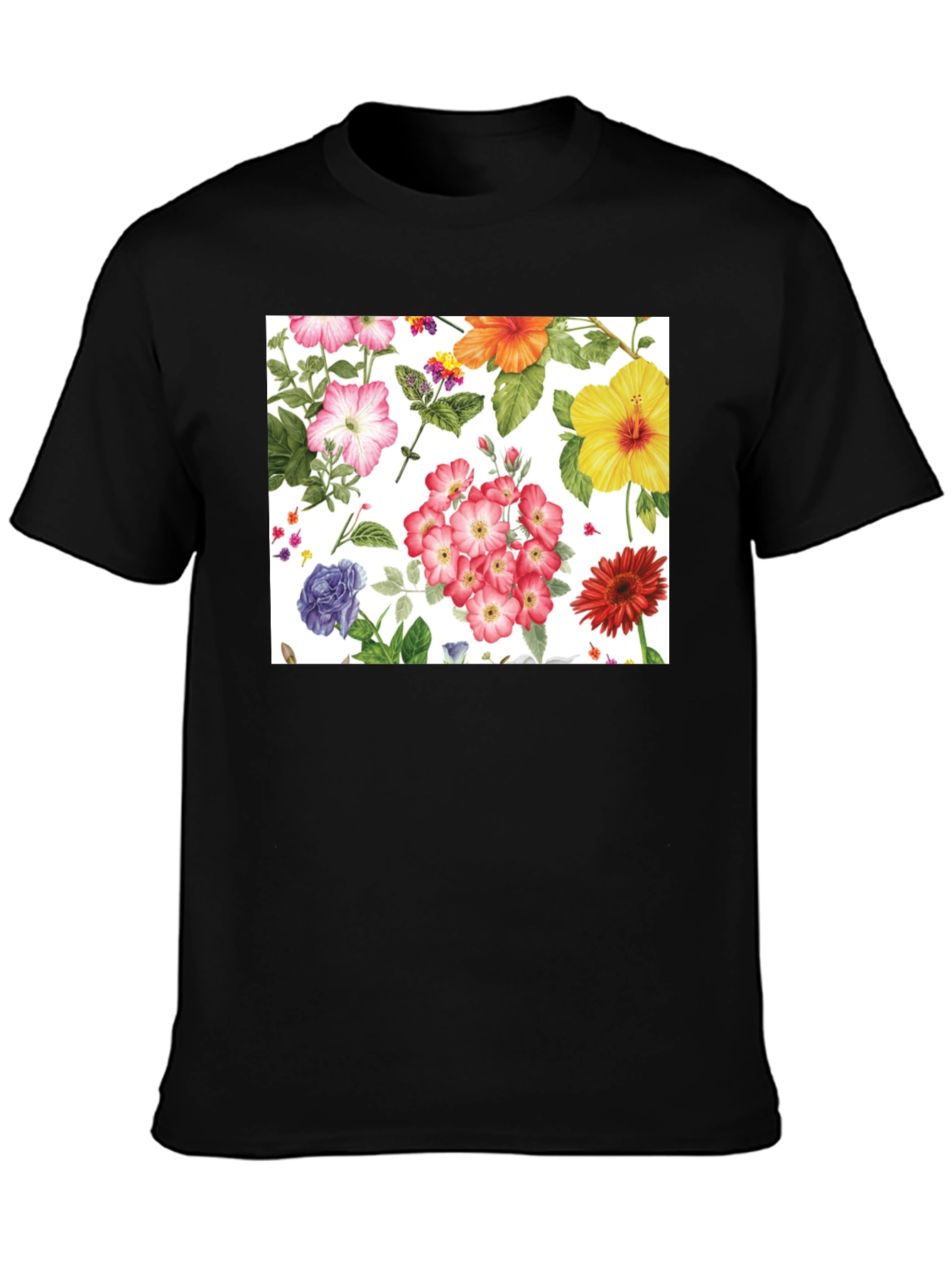 Floral Print Tee - Black Cotton Casual