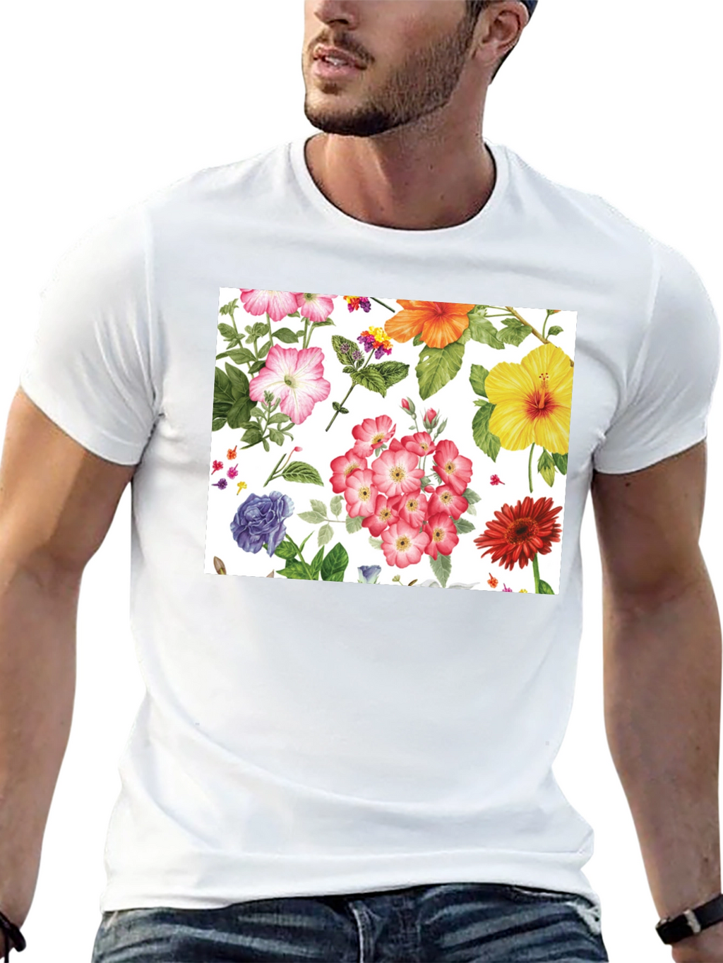 Floral Print Tee - Black Cotton Casual