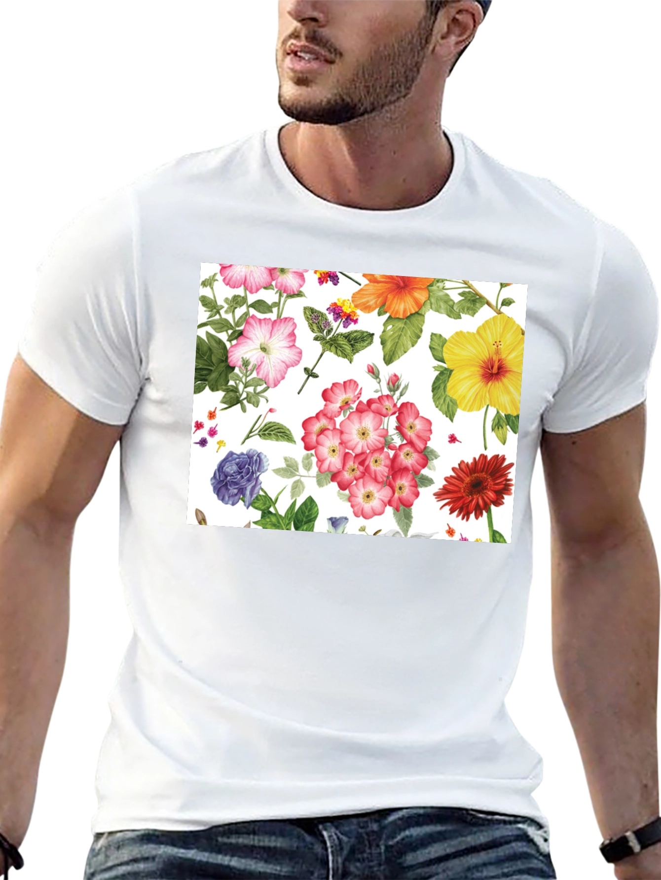 Floral Print Tee - Black Cotton Casual
