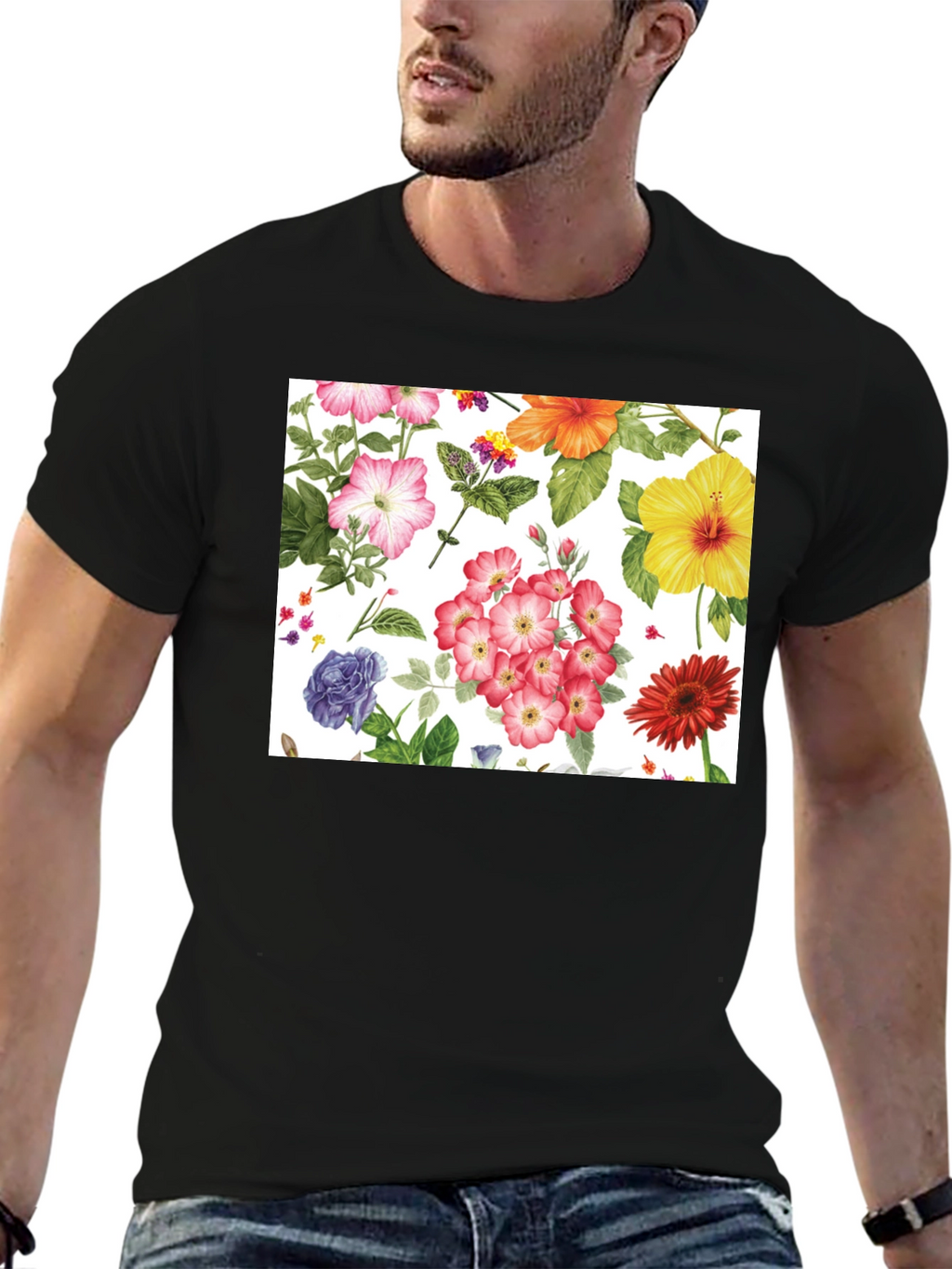 Floral Print Tee - Black Cotton Casual