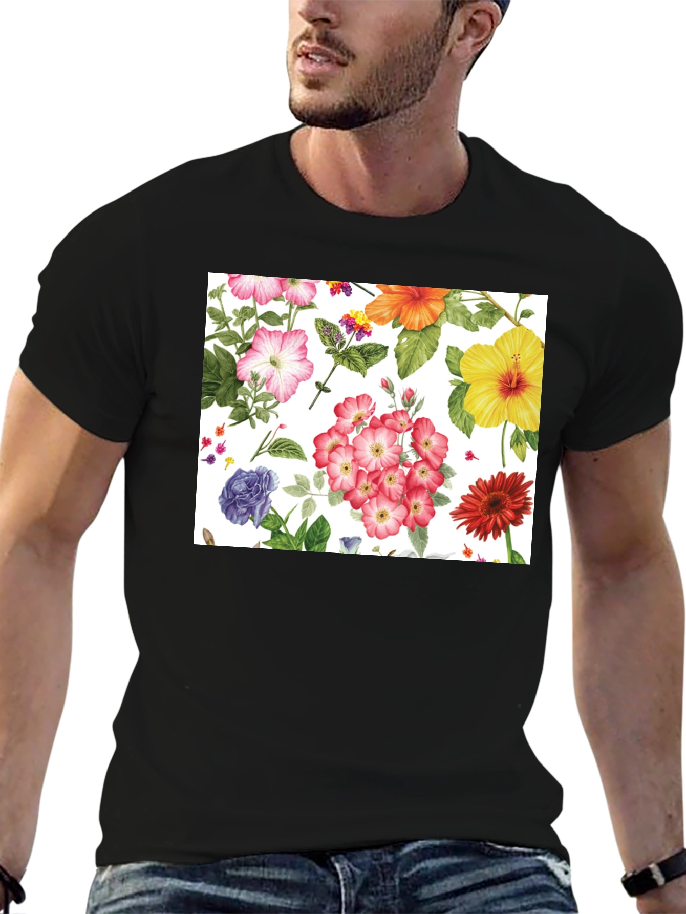 Floral Print Tee - Black Cotton Casual
