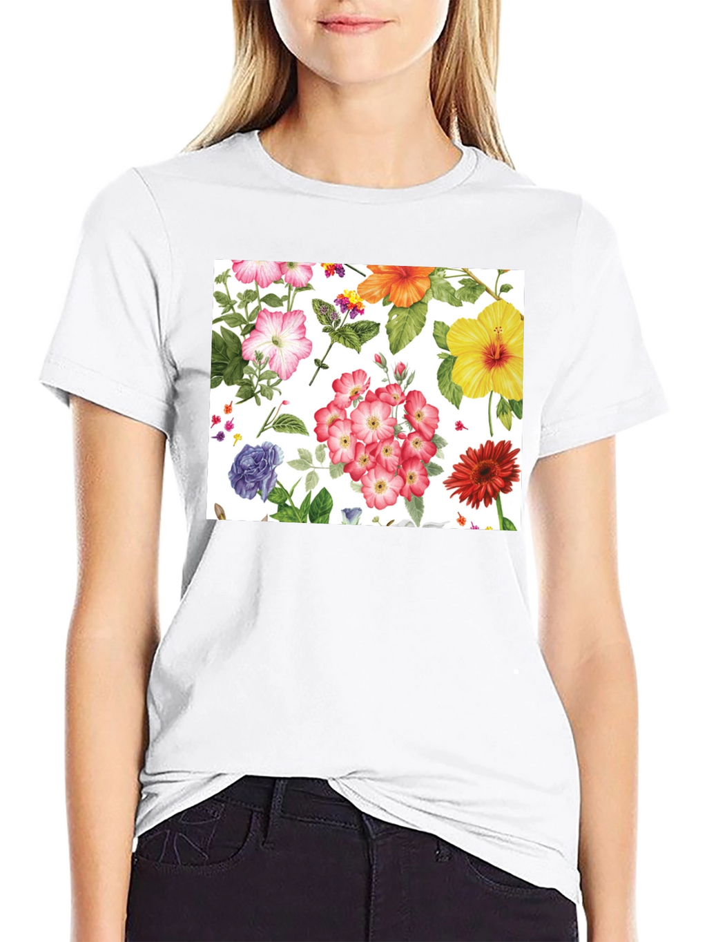 Floral Print Tee - Black Cotton Casual