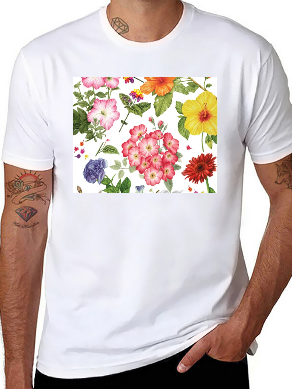 Floral Print Tee - Black Cotton Casual