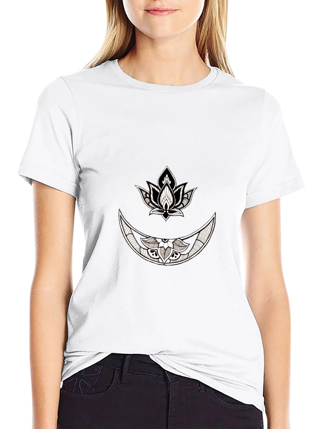 Black Graphic Tee with Moon & Lotus Design