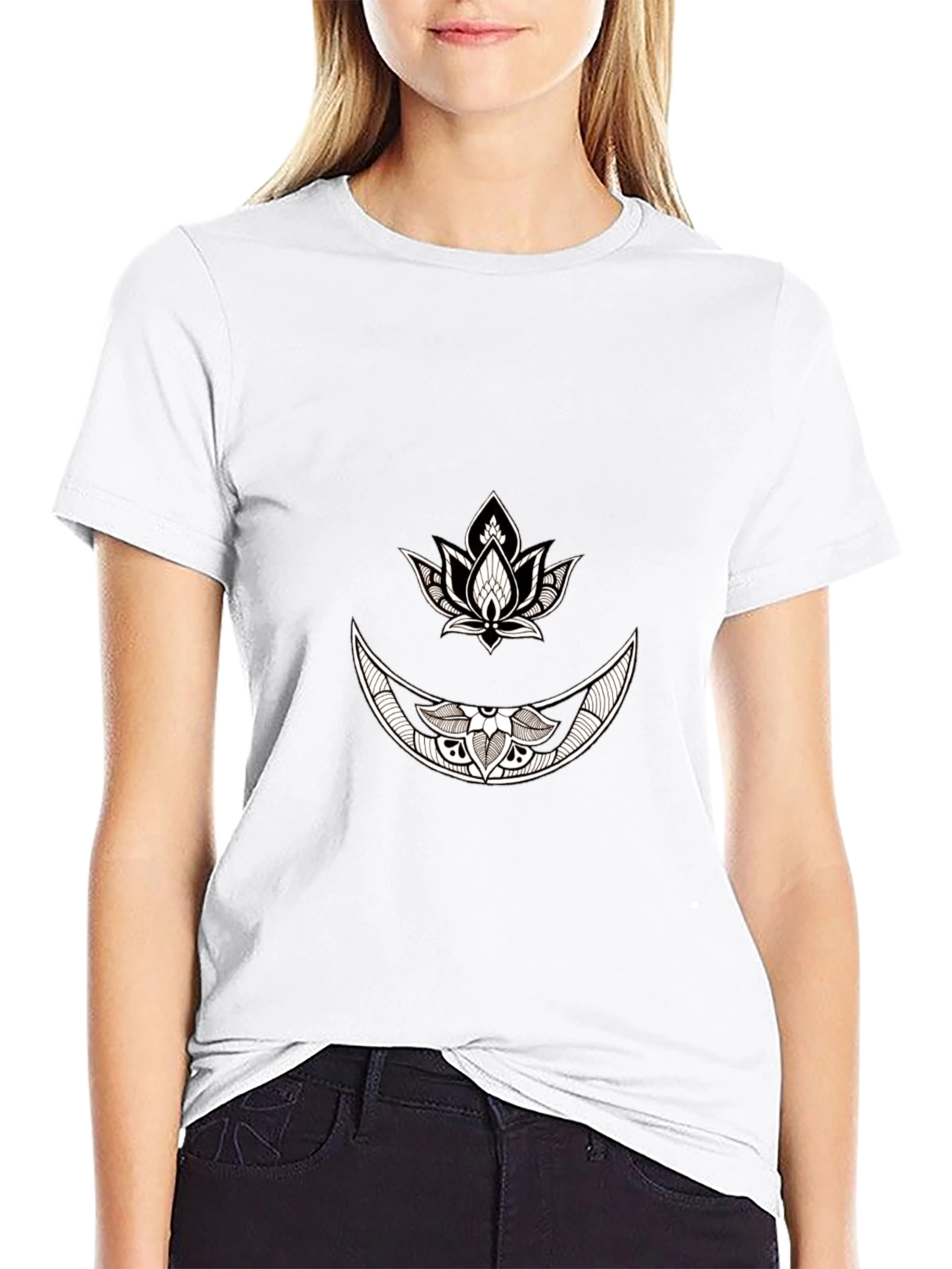 Black Graphic Tee with Moon & Lotus Design