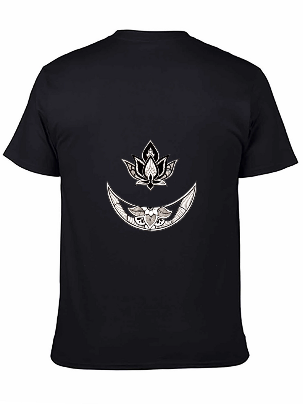 Black Graphic Tee with Moon & Lotus Design