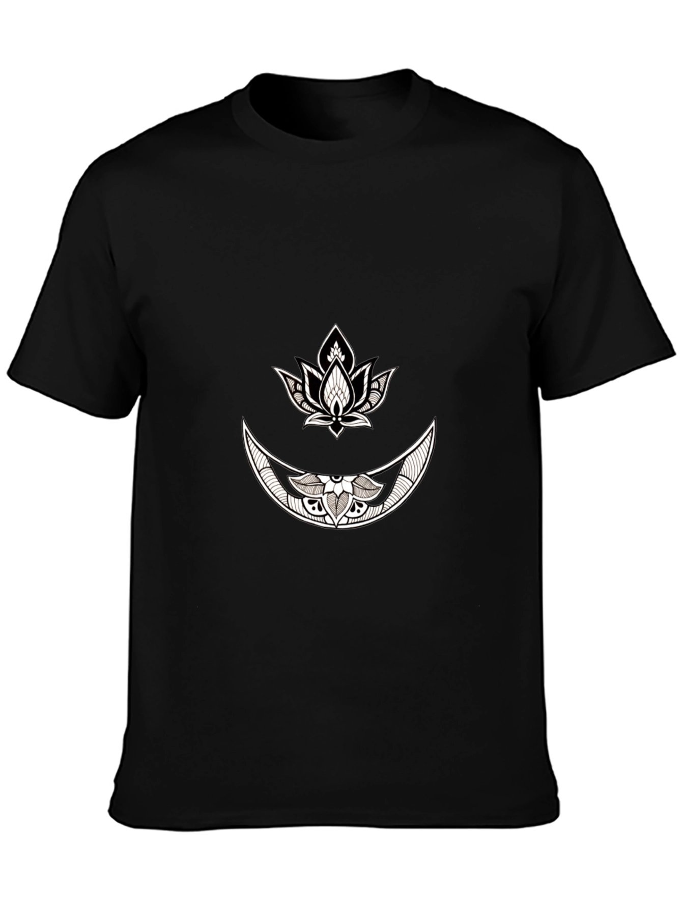 Black Graphic Tee with Moon & Lotus Design