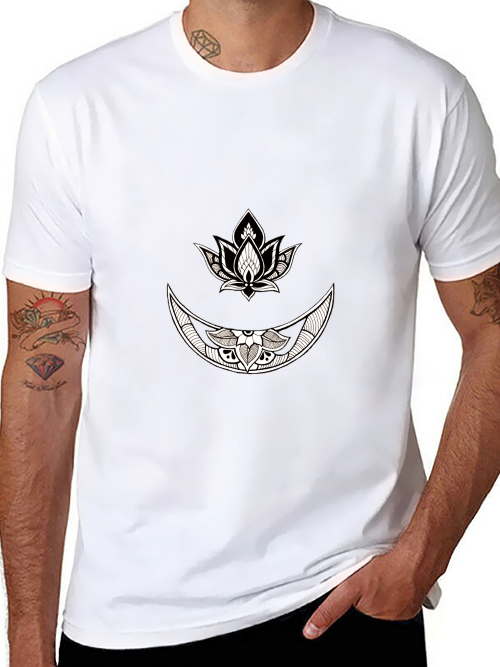 Black Graphic Tee with Moon & Lotus Design