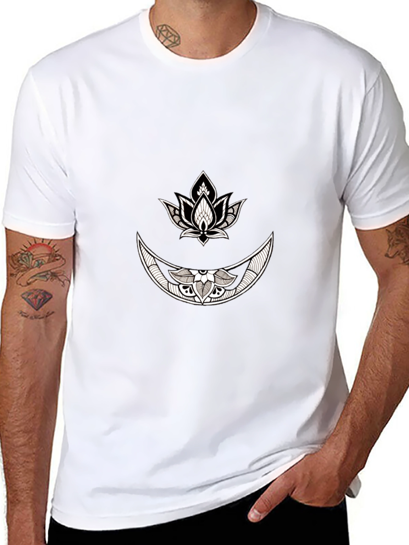 Black Graphic Tee with Moon & Lotus Design