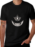 Black Graphic Tee with Moon & Lotus Design