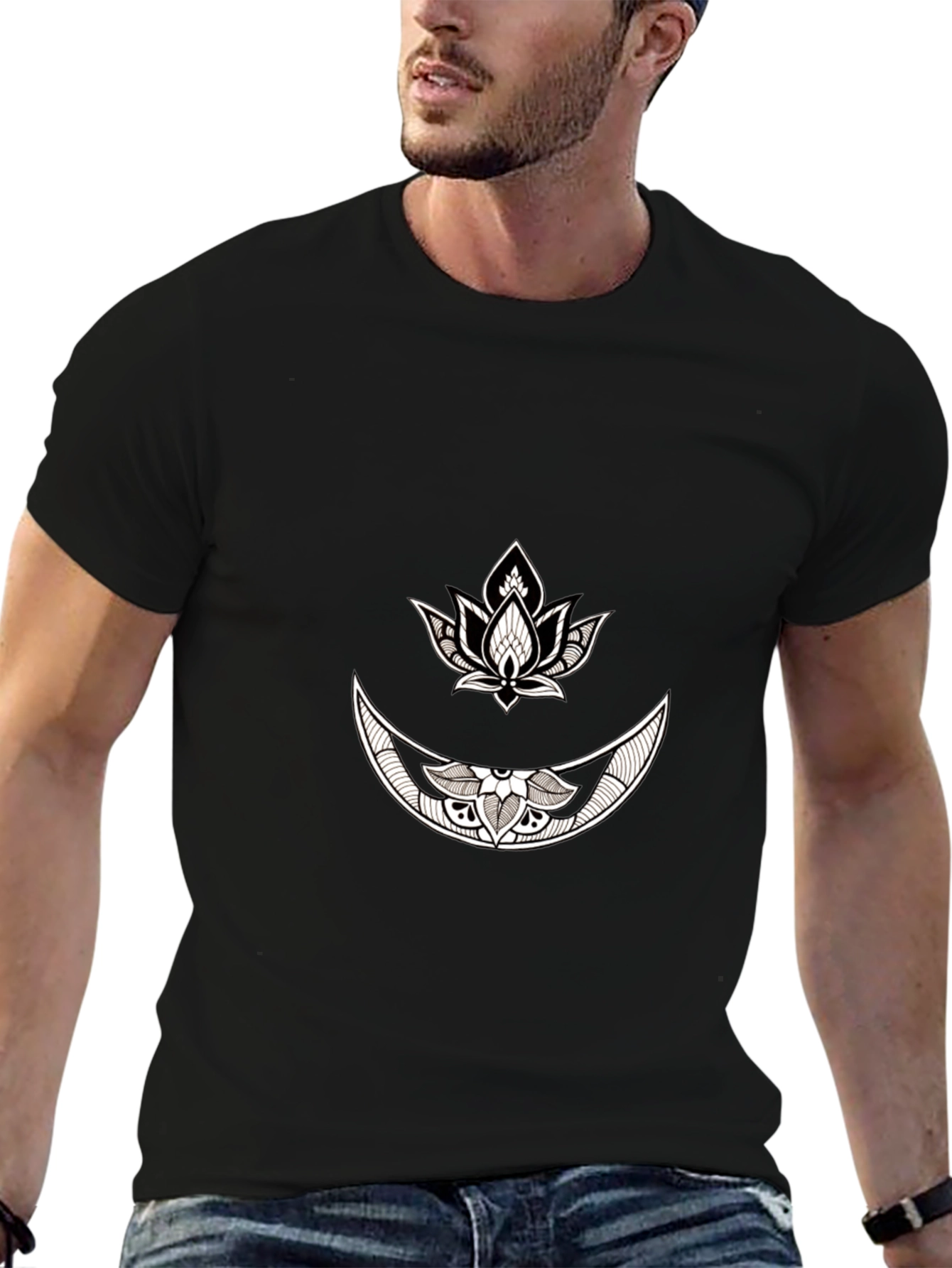 Black Graphic Tee with Moon & Lotus Design