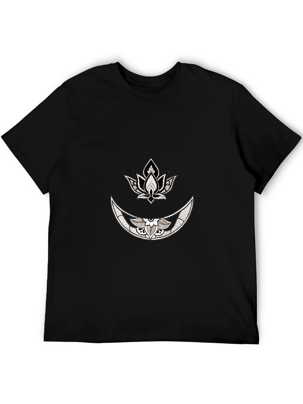 Black Graphic Tee with Moon & Lotus Design