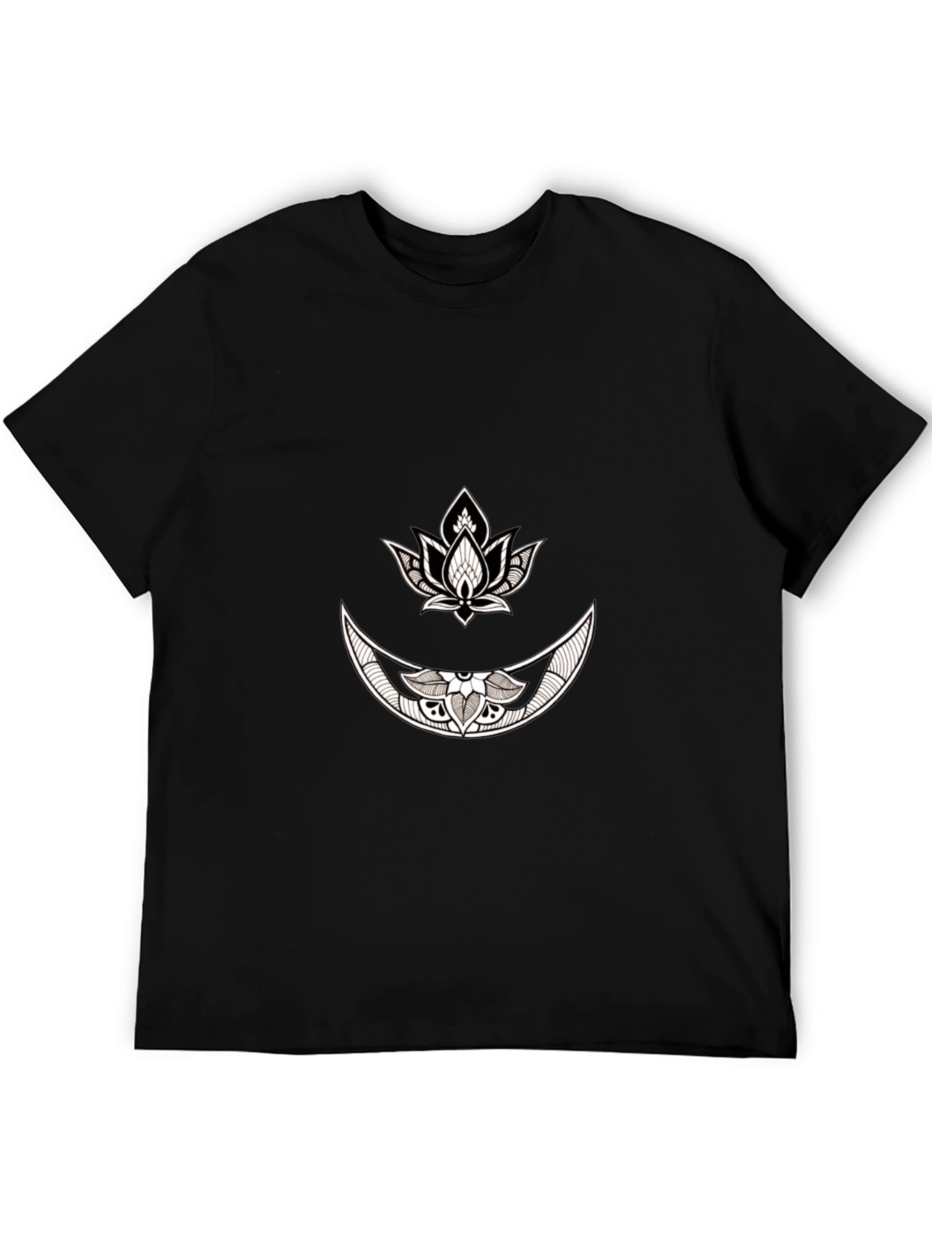Black Graphic Tee with Moon & Lotus Design