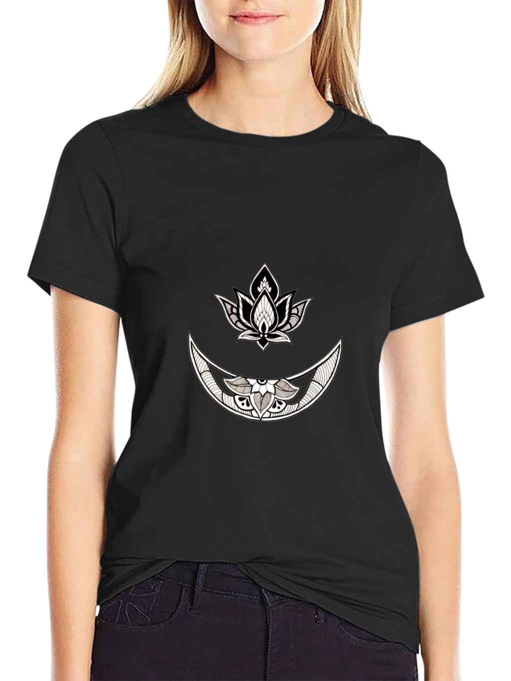 Black Graphic Tee with Moon & Lotus Design